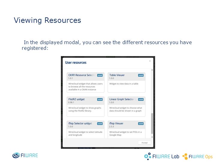 Viewing Resources In the displayed modal, you can see the different resources you have registered: