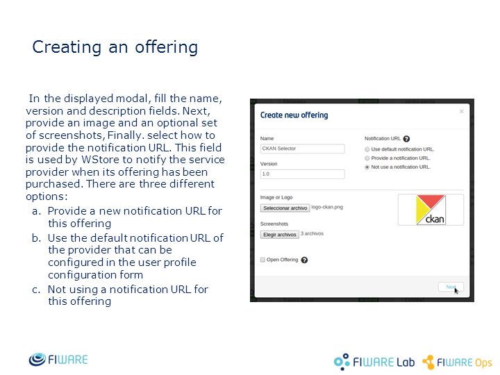 Creating an offering In the displayed modal, fill the name, version and description fields.