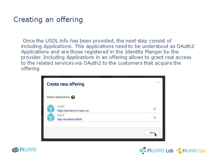 Creating an offering Once the USDL info has been provided, the next step consist of including Applications.