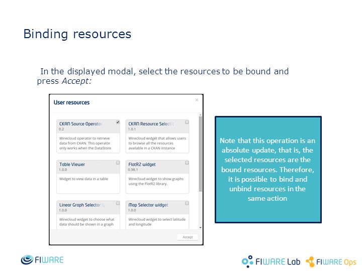 Binding resources In the displayed modal, select the resources to be bound and press Accept: Note that this operation is an absolute update, that is, the selected resources are the bound resources.