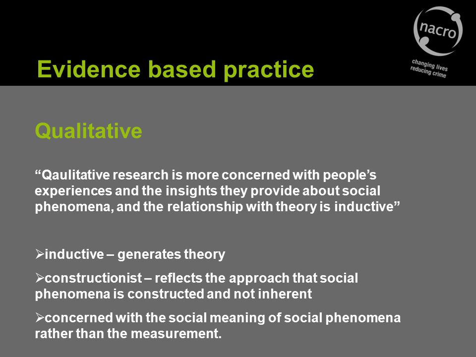 Qualitative Qaulitative research is more concerned with people’s experiences and the insights they provide about social phenomena, and the relationship with theory is inductive  inductive – generates theory  constructionist – reflects the approach that social phenomena is constructed and not inherent  concerned with the social meaning of social phenomena rather than the measurement.