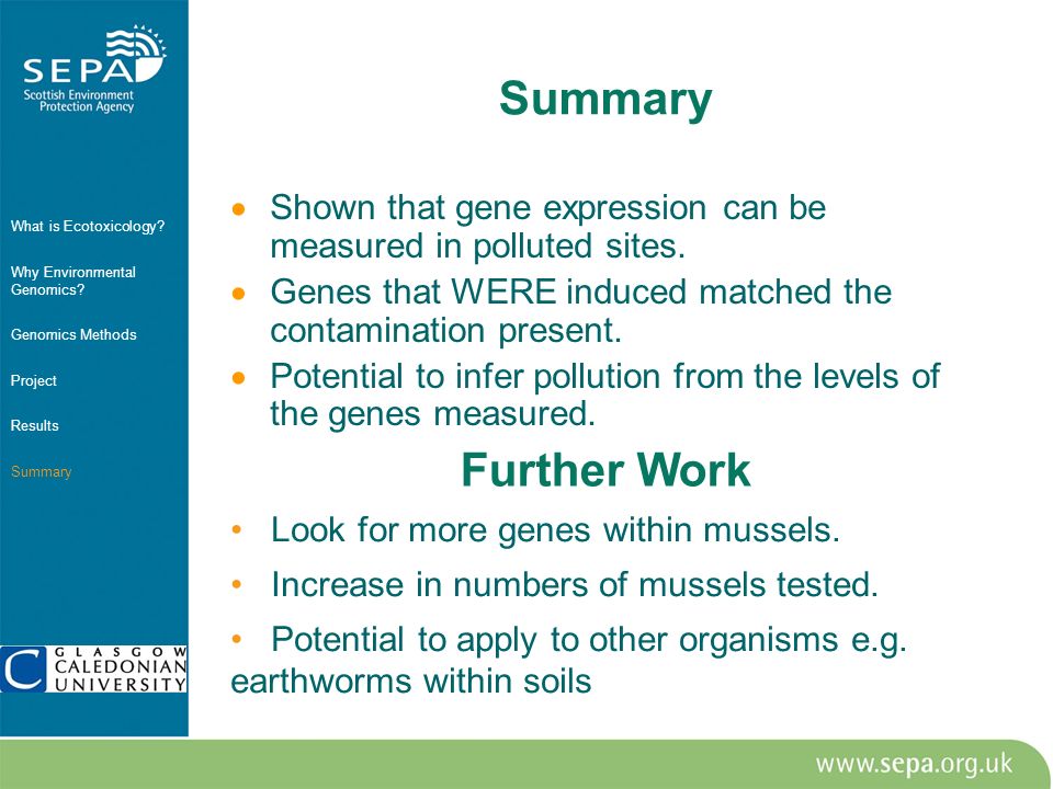  Shown that gene expression can be measured in polluted sites.