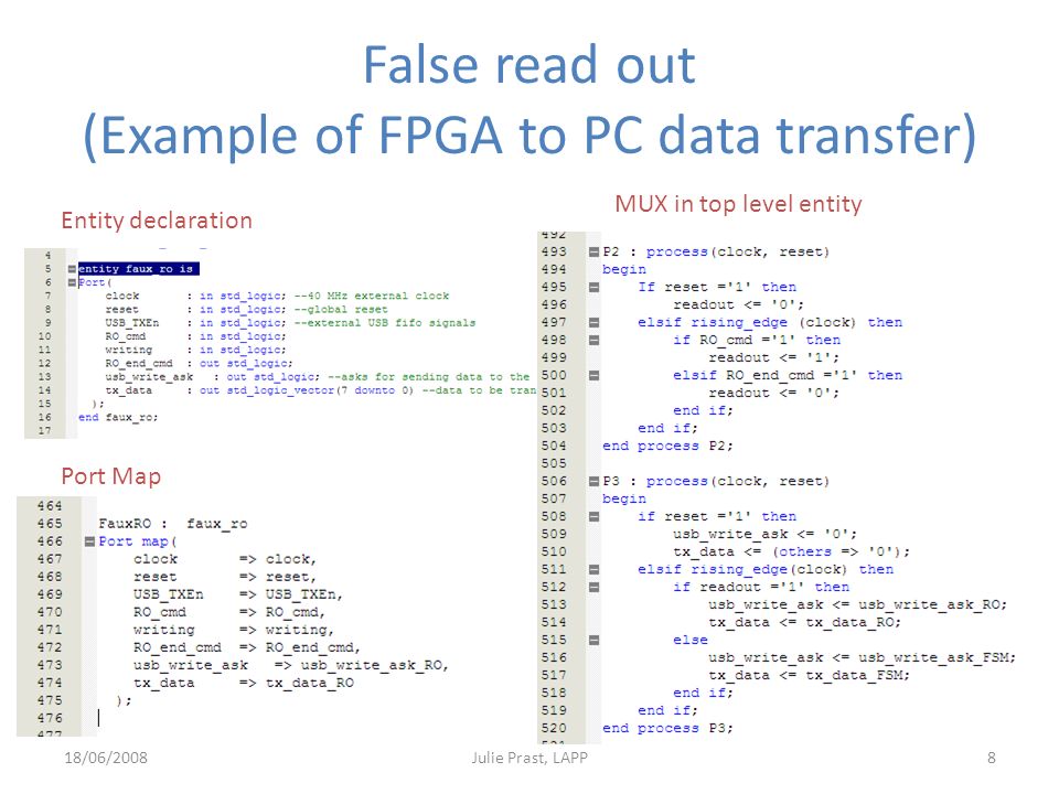 False read out (Example of FPGA to PC data transfer) 18/06/2008Julie Prast, LAPP8 Entity declaration Port Map MUX in top level entity