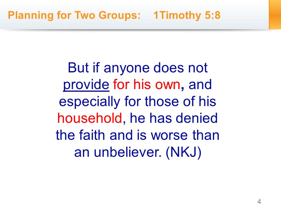 4 But if anyone does not provide for his own, and especially for those of his household, he has denied the faith and is worse than an unbeliever.
