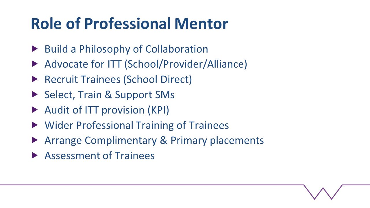 Role of Professional Mentor Build a Philosophy of Collaboration Advocate for ITT (School/Provider/Alliance) Recruit Trainees (School Direct) Select, Train & Support SMs Audit of ITT provision (KPI) Wider Professional Training of Trainees Arrange Complimentary & Primary placements Assessment of Trainees