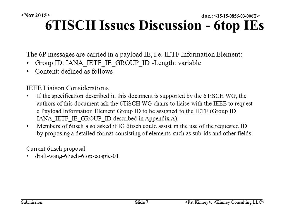 doc.: Submission, Slide 7 6TISCH Issues Discussion - 6top IEs The 6P messages are carried in a payload IE, i.e.