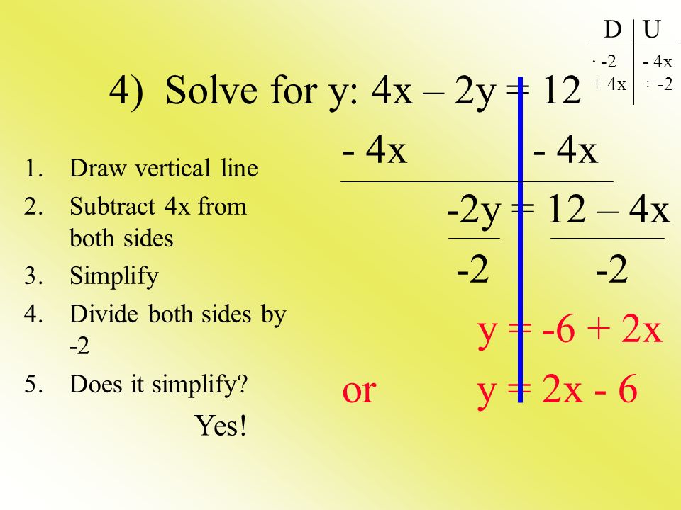 4) Solve for y: 4x – 2y = 12 1.Draw vertical line 2.Subtract 4x from both sides 3.Simplify 4.Divide both sides by -2 5.Does it simplify.