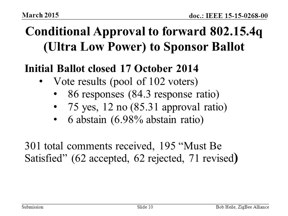 Submission doc.: IEEE Conditional Approval to forward q (Ultra Low Power) to Sponsor Ballot Initial Ballot closed 17 October 2014 Vote results (pool of 102 voters) 86 responses (84.3 response ratio) 75 yes, 12 no (85.31 approval ratio) 6 abstain (6.98% abstain ratio) 301 total comments received, 195 Must Be Satisfied (62 accepted, 62 rejected, 71 revised ) Slide 10Bob Heile, ZigBee Alliance March 2015
