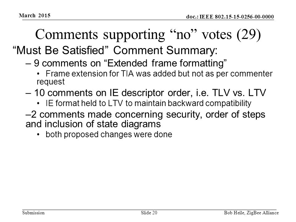 doc.: IEEE Submission March 2015 Comments supporting no votes (29) Must Be Satisfied Comment Summary: – 9 comments on Extended frame formatting Frame extension for TIA was added but not as per commenter request – 10 comments on IE descriptor order, i.e.