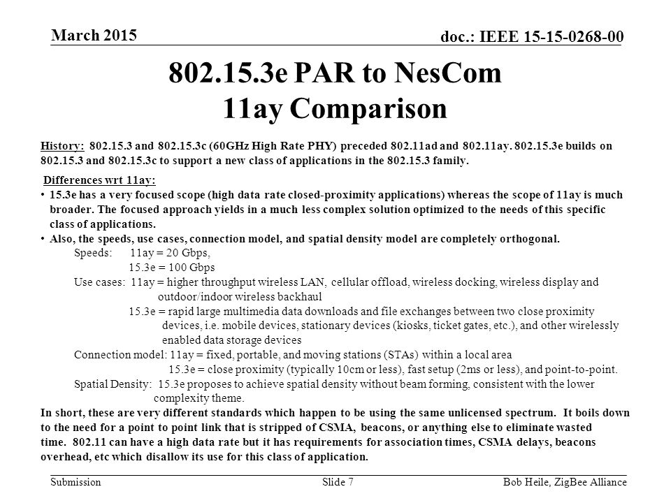 Submission doc.: IEEE e PAR to NesCom 11ay Comparison History: and c (60GHz High Rate PHY) preceded ad and ay.