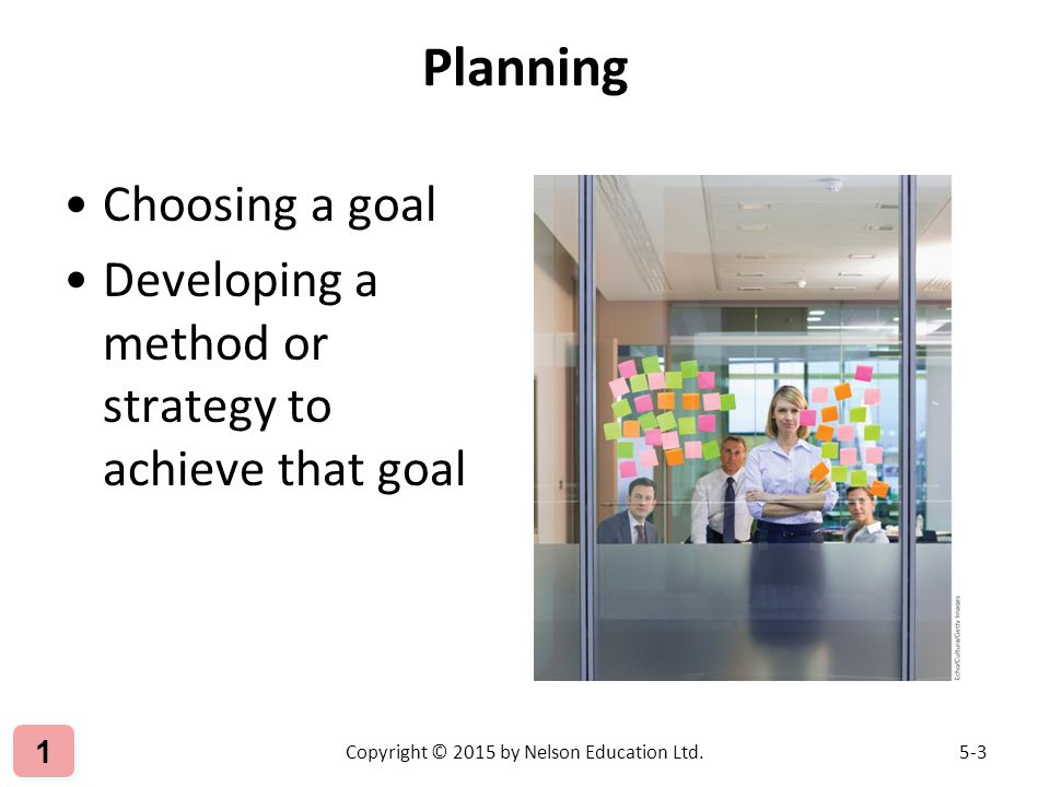 Planning Choosing a goal Developing a method or strategy to achieve that goal Copyright © 2015 by Nelson Education Ltd