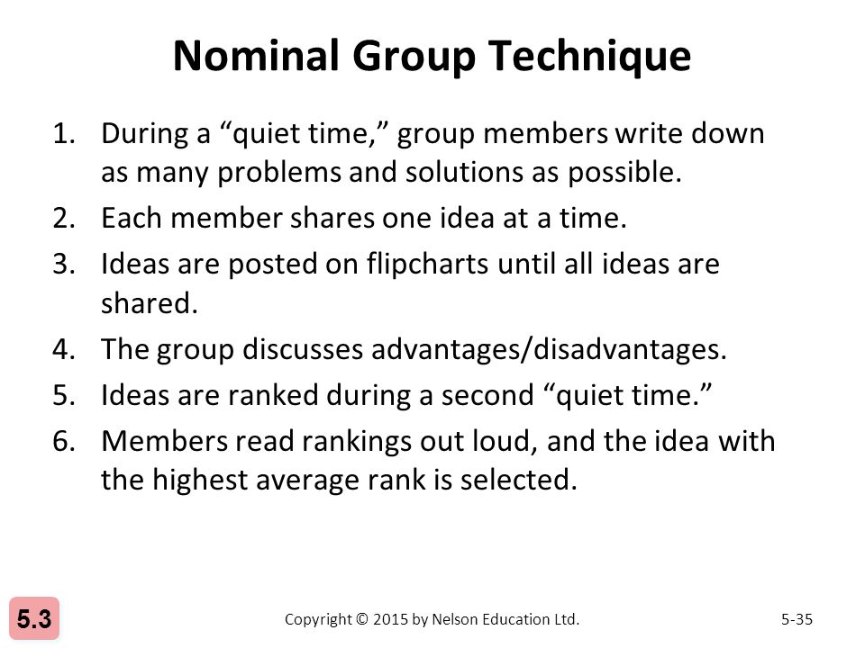 Nominal Group Technique 1.During a quiet time, group members write down as many problems and solutions as possible.