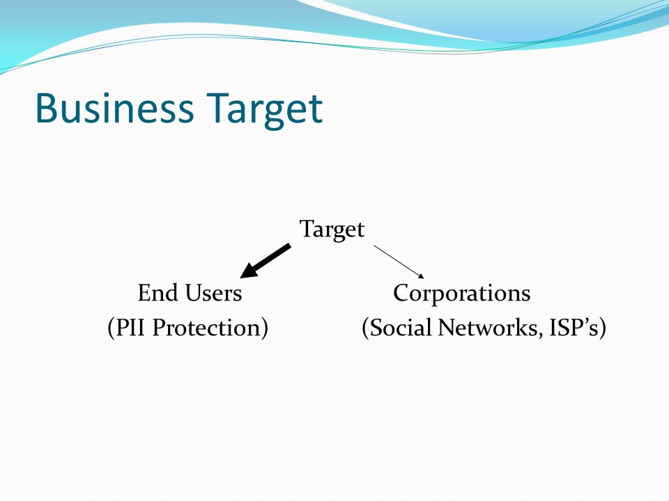 Business Target Target End Users Corporations (PII Protection) (Social Networks, ISP’s)