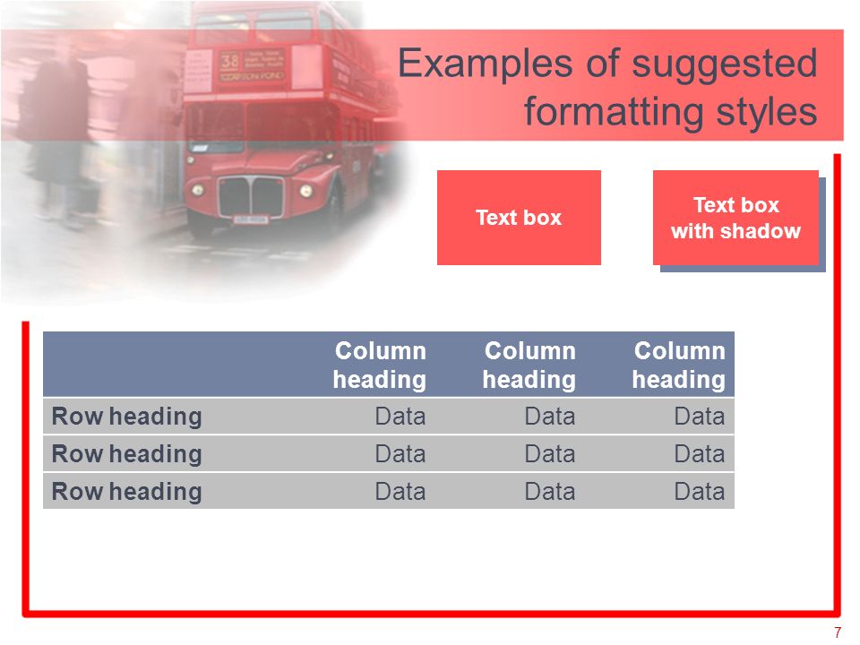 7 Examples of suggested formatting styles Column heading Row headingData Row headingData Row headingData Text box with shadow Text box with shadow