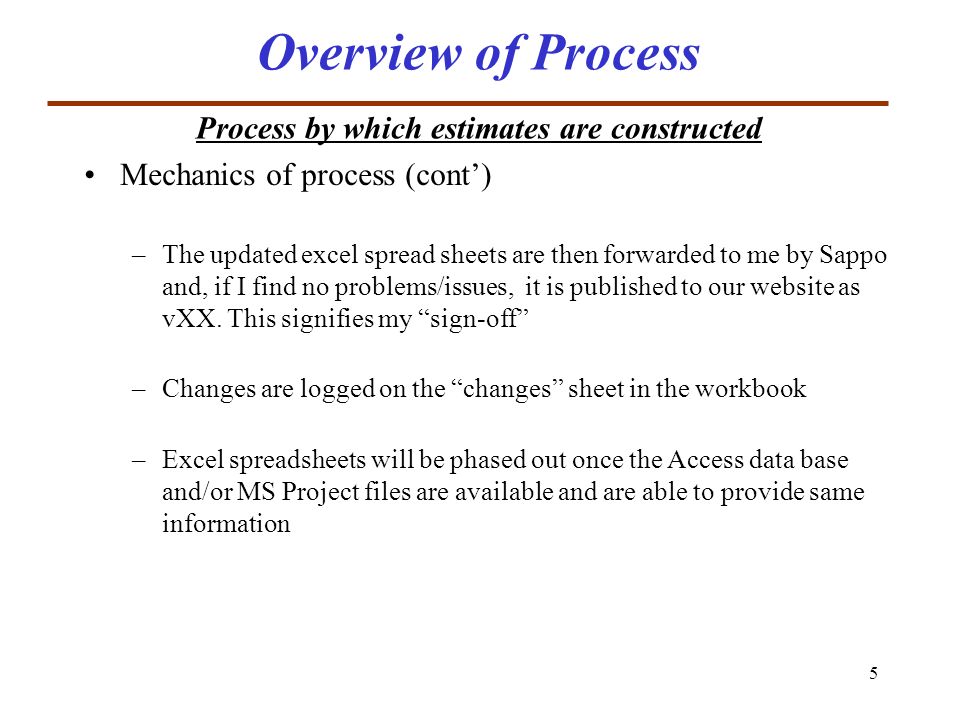 5 Mechanics of process (cont’) –The updated excel spread sheets are then forwarded to me by Sappo and, if I find no problems/issues, it is published to our website as vXX.