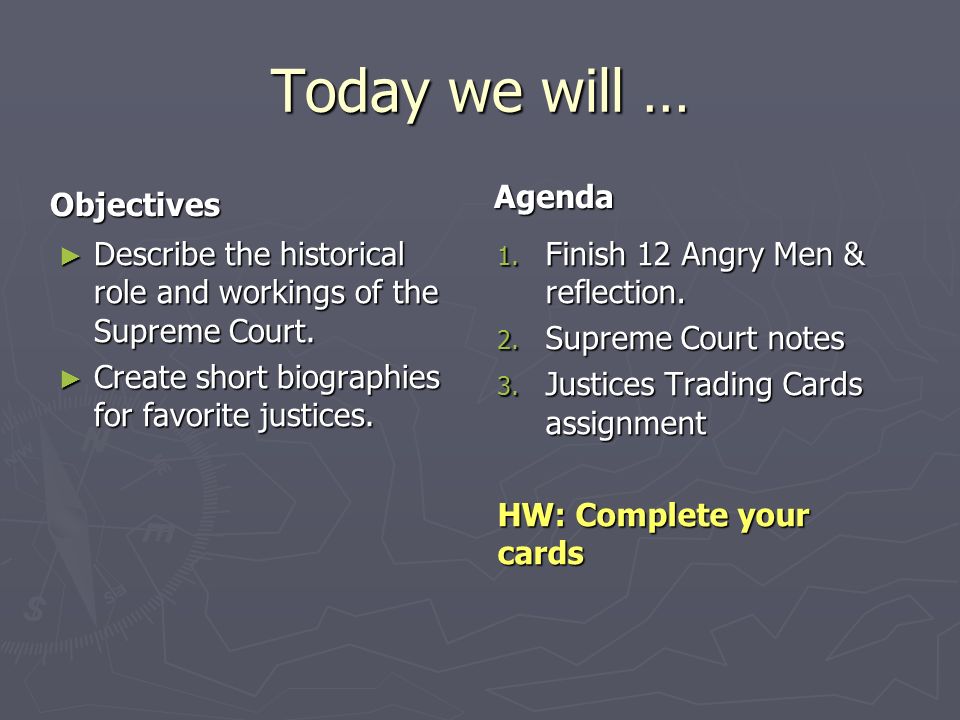 Today we will … ► Describe the historical role and workings of the Supreme Court.