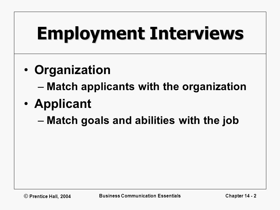 prentice hall 2004 business communication essentialschapter 14 1 interviewing for employment and following up