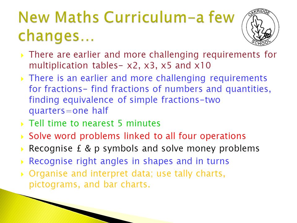  There are earlier and more challenging requirements for multiplication tables- x2, x3, x5 and x10  There is an earlier and more challenging requirements for fractions- find fractions of numbers and quantities, finding equivalence of simple fractions-two quarters=one half  Tell time to nearest 5 minutes  Solve word problems linked to all four operations  Recognise £ & p symbols and solve money problems  Recognise right angles in shapes and in turns  Organise and interpret data; use tally charts, pictograms, and bar charts.