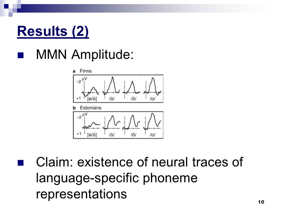 10 Results (2) MMN Amplitude: Claim: existence of neural traces of language-specific phoneme representations