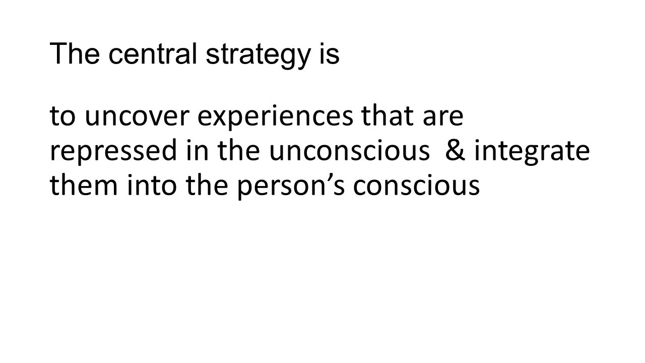 The central strategy is to uncover experiences that are repressed in the unconscious & integrate them into the person’s conscious