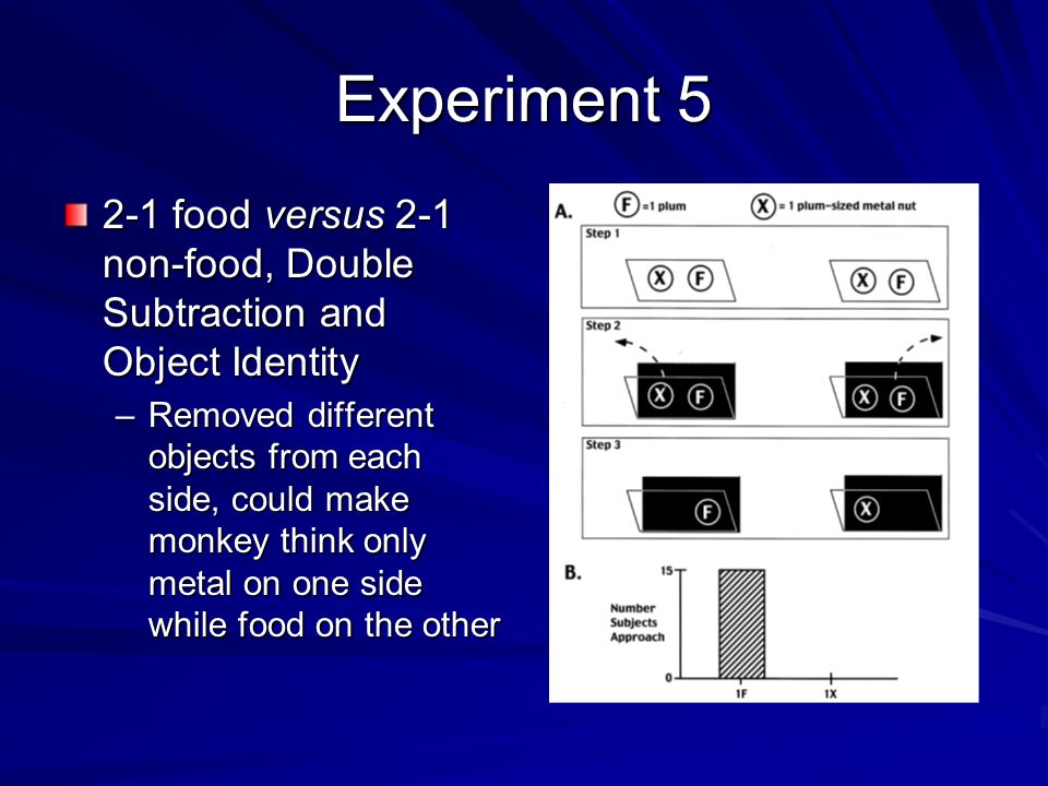 Experiment food versus 2-1 non-food, Double Subtraction and Object Identity –Removed different objects from each side, could make monkey think only metal on one side while food on the other