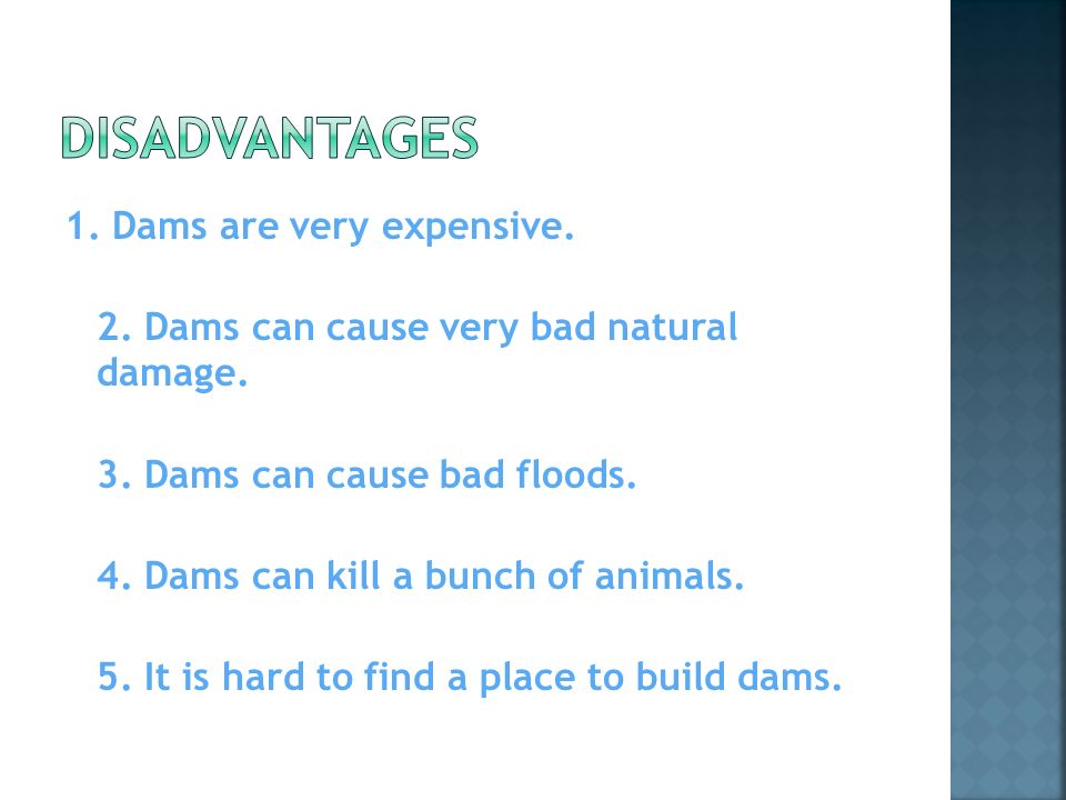1. Dams are very expensive. 2. Dams can cause very bad natural damage.