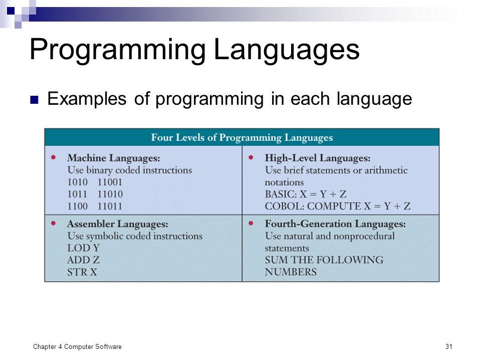 Chapter 4 Computer Software31 Programming Languages Examples of programming in each language