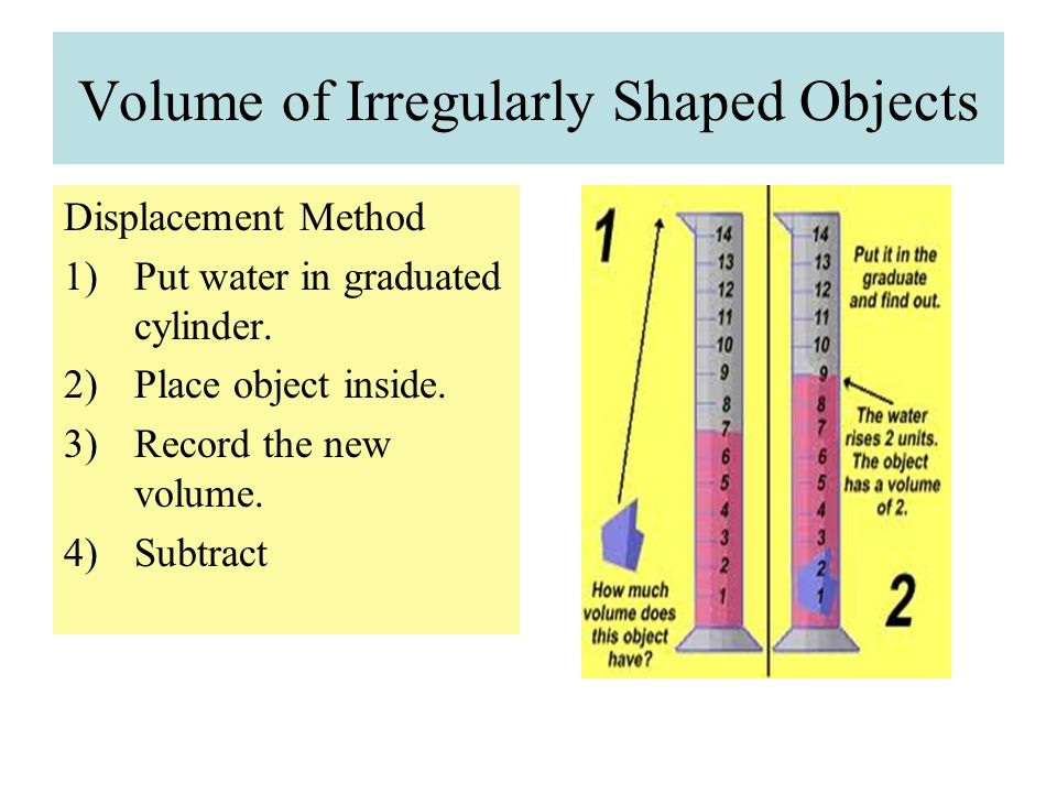Volume of regularly shaped objects Measure length, width and height with a ruler.