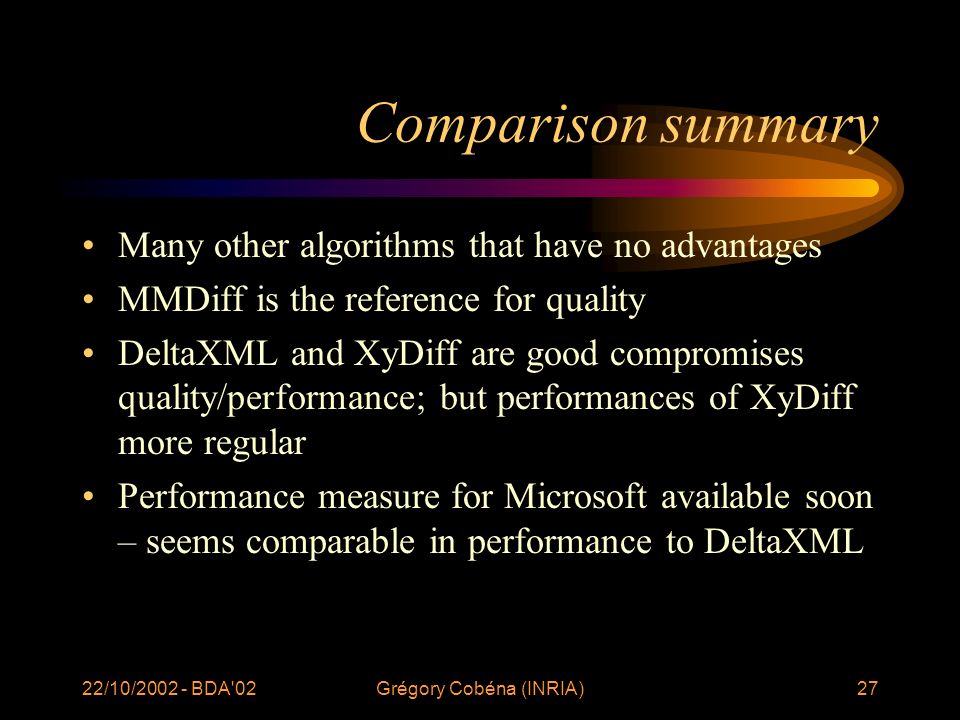 22/10/ BDA 02Grégory Cobéna (INRIA)27 Comparison summary Many other algorithms that have no advantages MMDiff is the reference for quality DeltaXML and XyDiff are good compromises quality/performance; but performances of XyDiff more regular Performance measure for Microsoft available soon – seems comparable in performance to DeltaXML