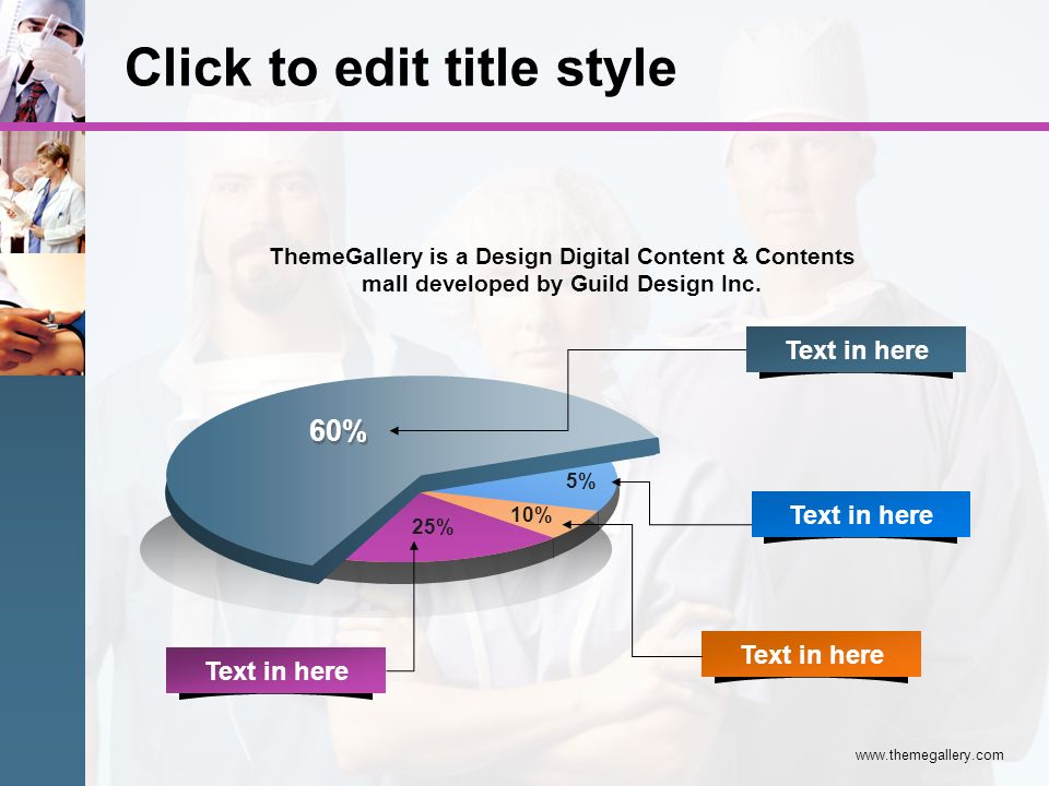 Click to edit title style 70 % 10% 5% 60% 25% ThemeGallery is a Design Digital Content & Contents mall developed by Guild Design Inc.
