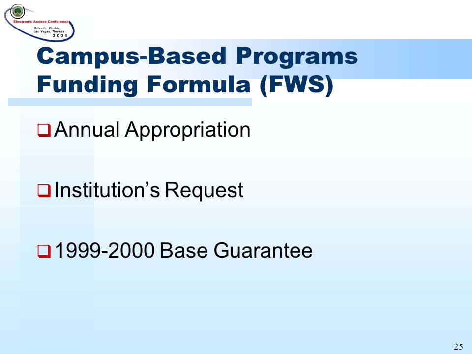 25 Campus-Based Programs Funding Formula (FWS)  Annual Appropriation  Institution’s Request  Base Guarantee