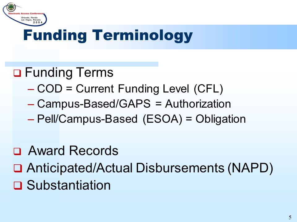 5 Funding Terminology  Funding Terms –COD = Current Funding Level (CFL) –Campus-Based/GAPS = Authorization –Pell/Campus-Based (ESOA) = Obligation  Award Records  Anticipated/Actual Disbursements (NAPD)  Substantiation