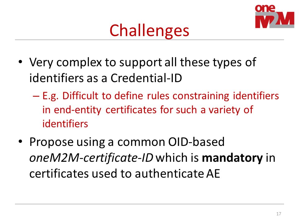 Challenges Very complex to support all these types of identifiers as a Credential-ID – E.g.