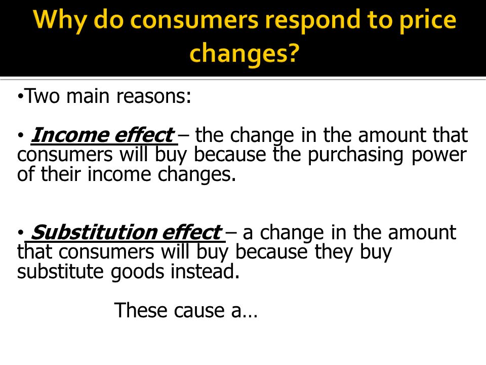 Two main reasons: Income effect – the change in the amount that consumers will buy because the purchasing power of their income changes.