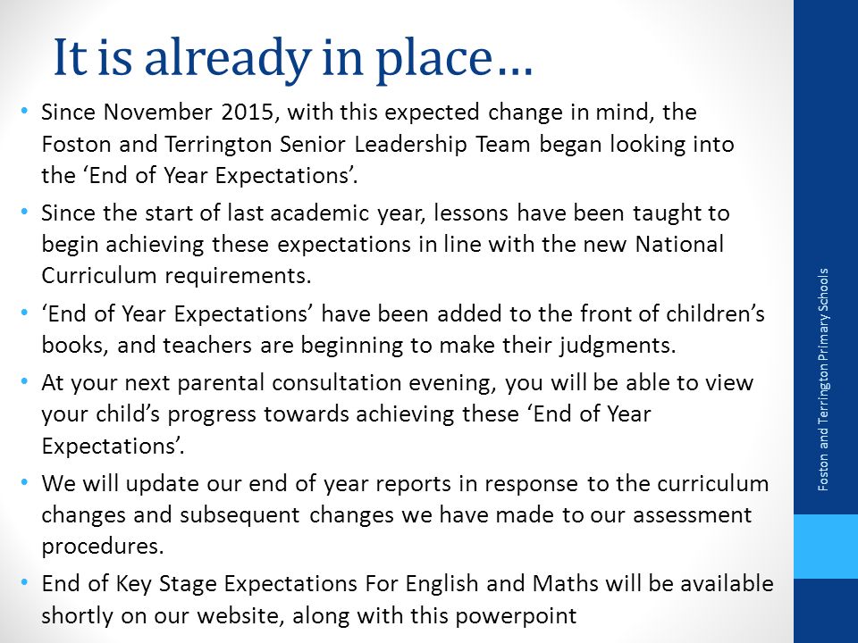 It is already in place… Since November 2015, with this expected change in mind, the Foston and Terrington Senior Leadership Team began looking into the ‘End of Year Expectations’.