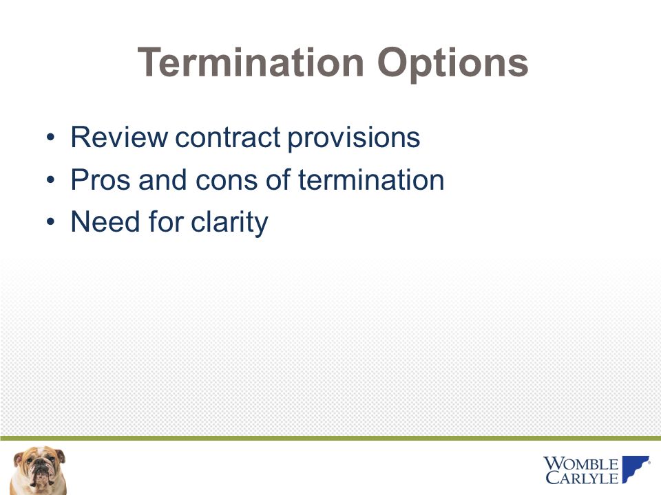 Termination Options Review contract provisions Pros and cons of termination Need for clarity