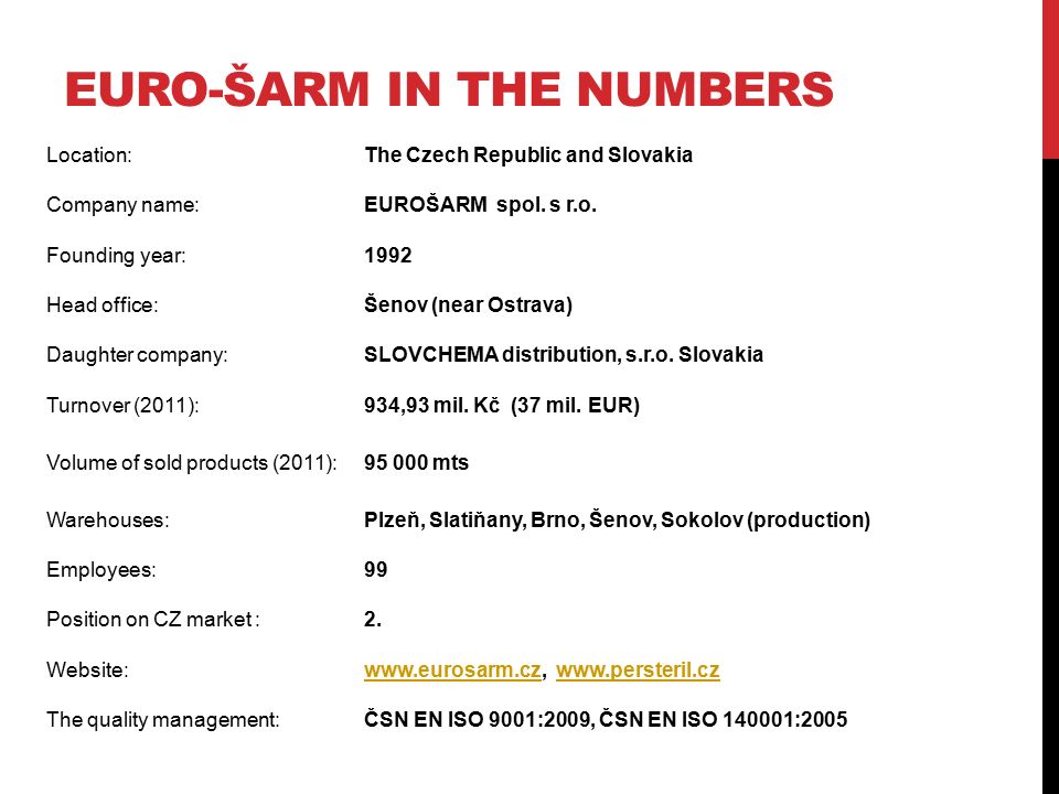 EURO-ŠARM IN THE NUMBERS Location:The Czech Republic and Slovakia Company name:EUROŠARM spol.