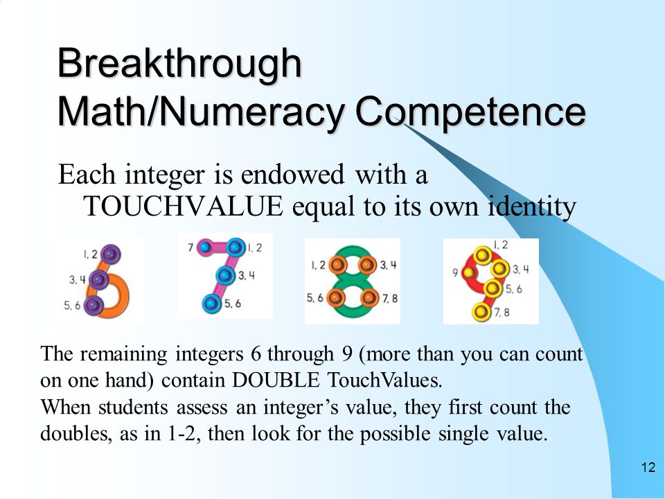 12 Breakthrough Math/Numeracy Competence Each integer is endowed with a TOUCHVALUE equal to its own identity The remaining integers 6 through 9 (more than you can count on one hand) contain DOUBLE TouchValues.