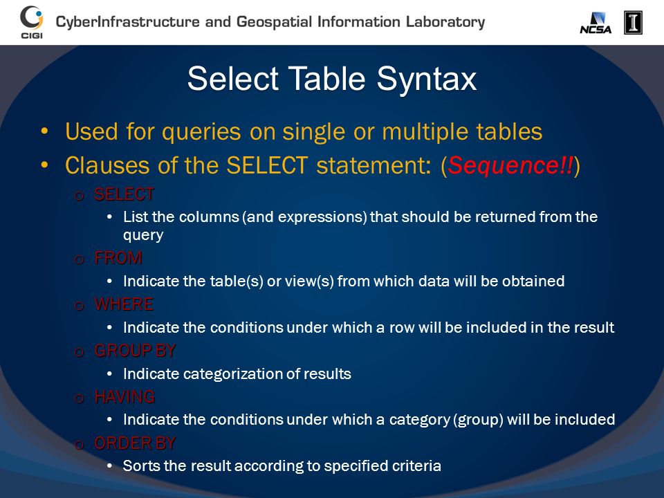 Select Table Syntax Used for queries on single or multiple tables Clauses of the SELECT statement: (Sequence!!) o SELECT List the columns (and expressions) that should be returned from the query o FROM Indicate the table(s) or view(s) from which data will be obtained o WHERE Indicate the conditions under which a row will be included in the result o GROUP BY Indicate categorization of results o HAVING Indicate the conditions under which a category (group) will be included o ORDER BY Sorts the result according to specified criteria