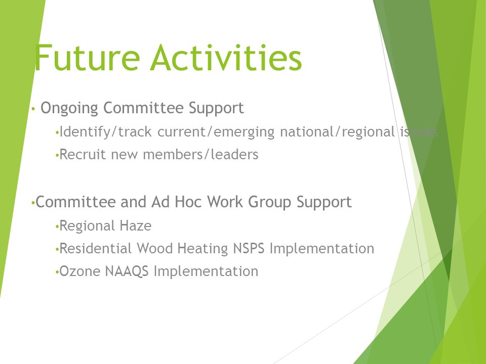 Future Activities Ongoing Committee Support Identify/track current/emerging national/regional issues Recruit new members/leaders Committee and Ad Hoc Work Group Support Regional Haze Residential Wood Heating NSPS Implementation Ozone NAAQS Implementation