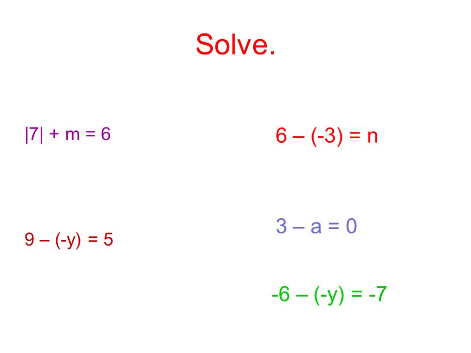 Solve. |7| + m = 6 9 – (-y) = 5 6 – (-3) = n 3 – a = 0 -6 – (-y) = -7