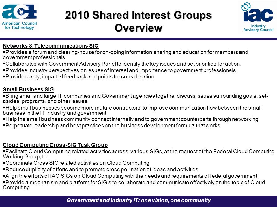 Government and Industry IT: one vision, one community 2010 Shared Interest Groups Overview Networks & Telecommunications SIG  Provides a forum and clearing-house for on-going information sharing and education for members and government professionals.