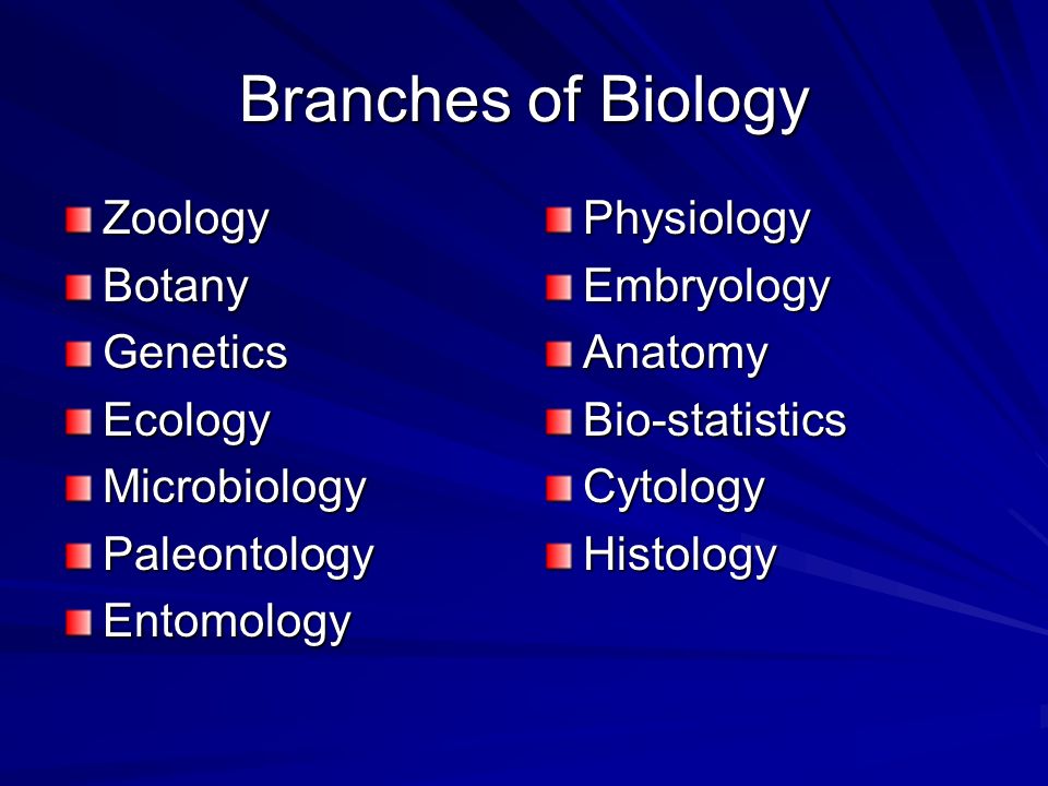 Branches of Biology ZoologyBotanyGeneticsEcologyMicrobiologyPaleontologyEntomologyPhysiologyEmbryologyAnatomyBio-statisticsCytologyHistology