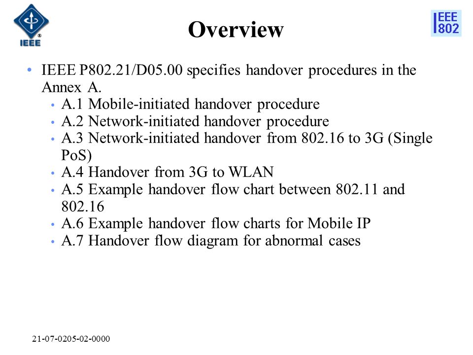 Overview IEEE P802.21/D05.00 specifies handover procedures in the Annex A.