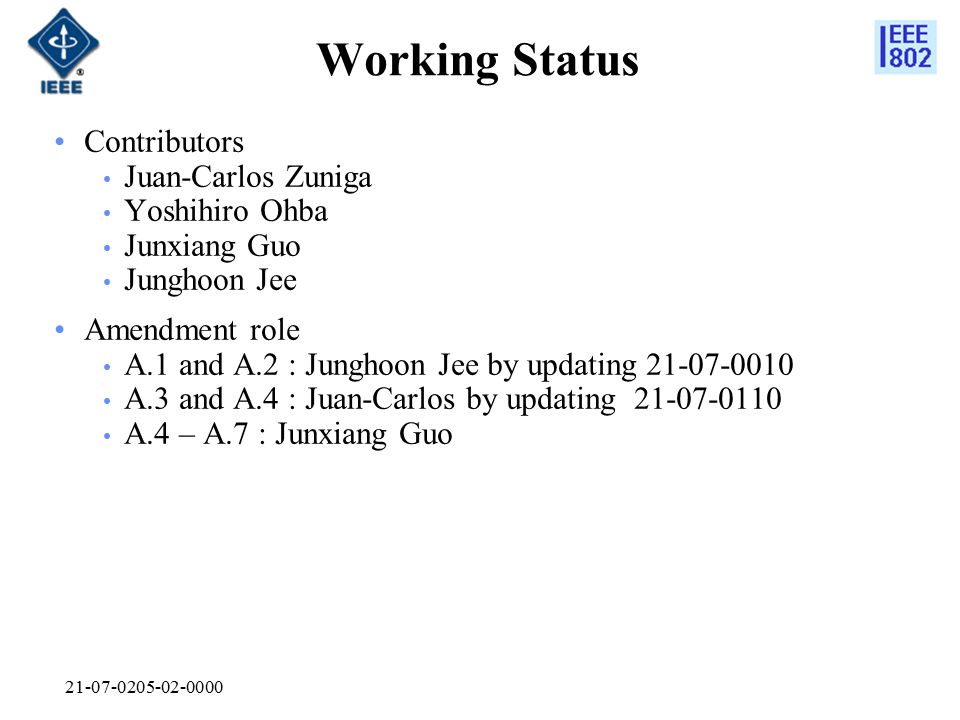Working Status Contributors Juan-Carlos Zuniga Yoshihiro Ohba Junxiang Guo Junghoon Jee Amendment role A.1 and A.2 : Junghoon Jee by updating A.3 and A.4 : Juan-Carlos by updating A.4 – A.7 : Junxiang Guo