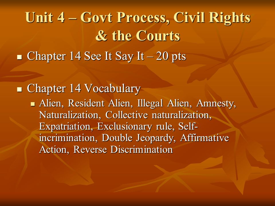 Unit 4 – Govt Process, Civil Rights & the Courts Chapter 14 See It Say It – 20 pts Chapter 14 See It Say It – 20 pts Chapter 14 Vocabulary Chapter 14 Vocabulary Alien, Resident Alien, Illegal Alien, Amnesty, Naturalization, Collective naturalization, Expatriation, Exclusionary rule, Self- incrimination, Double Jeopardy, Affirmative Action, Reverse Discrimination Alien, Resident Alien, Illegal Alien, Amnesty, Naturalization, Collective naturalization, Expatriation, Exclusionary rule, Self- incrimination, Double Jeopardy, Affirmative Action, Reverse Discrimination
