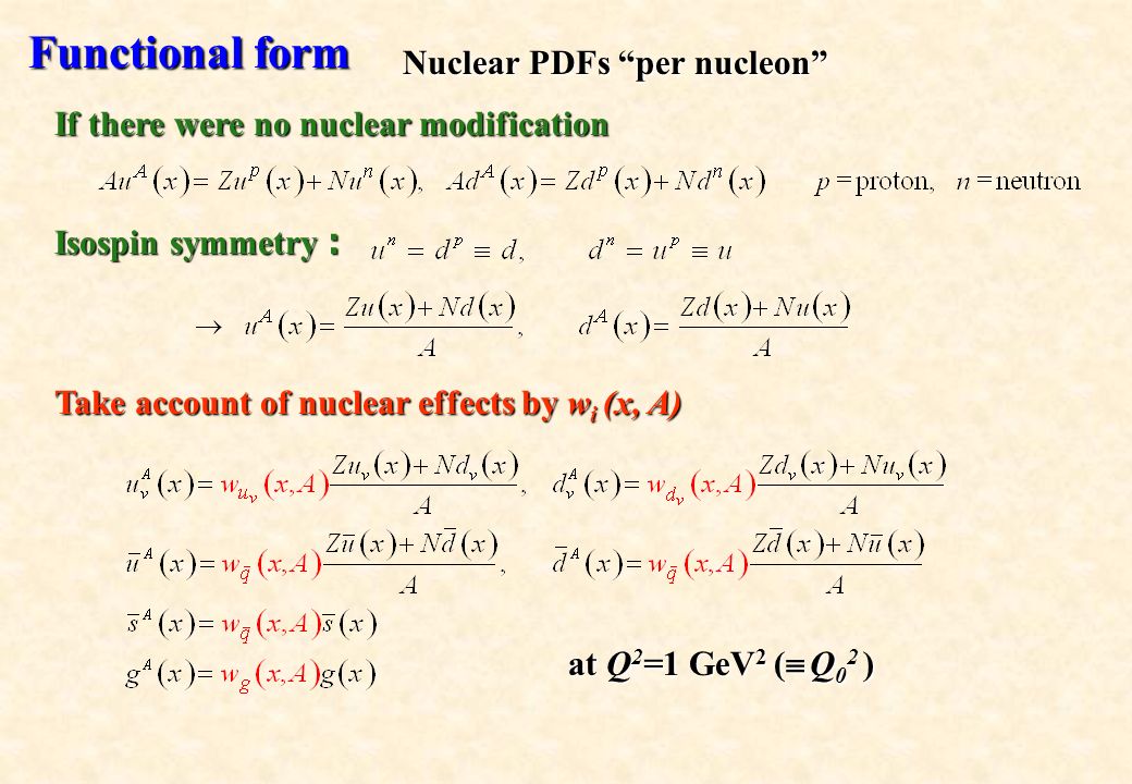 Functional form If there were no nuclear modification Isospin symmetry ： Take account of nuclear effects by w i (x, A) Nuclear PDFs per nucleon at Q 2 =1 GeV 2 (  Q 0 2 )
