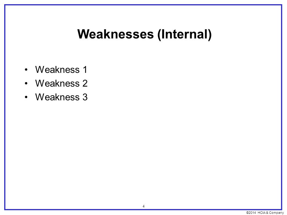 ©2014 HCIA & Company 4 Weaknesses (Internal) Weakness 1 Weakness 2 Weakness 3