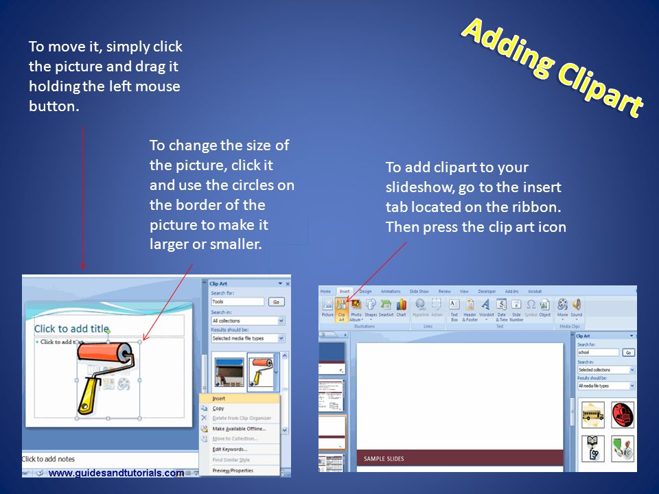 To add clipart to your slideshow, go to the insert tab located on the ribbon.