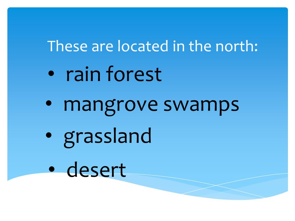 These are located in the north: rain forest mangrove swamps grassland desert